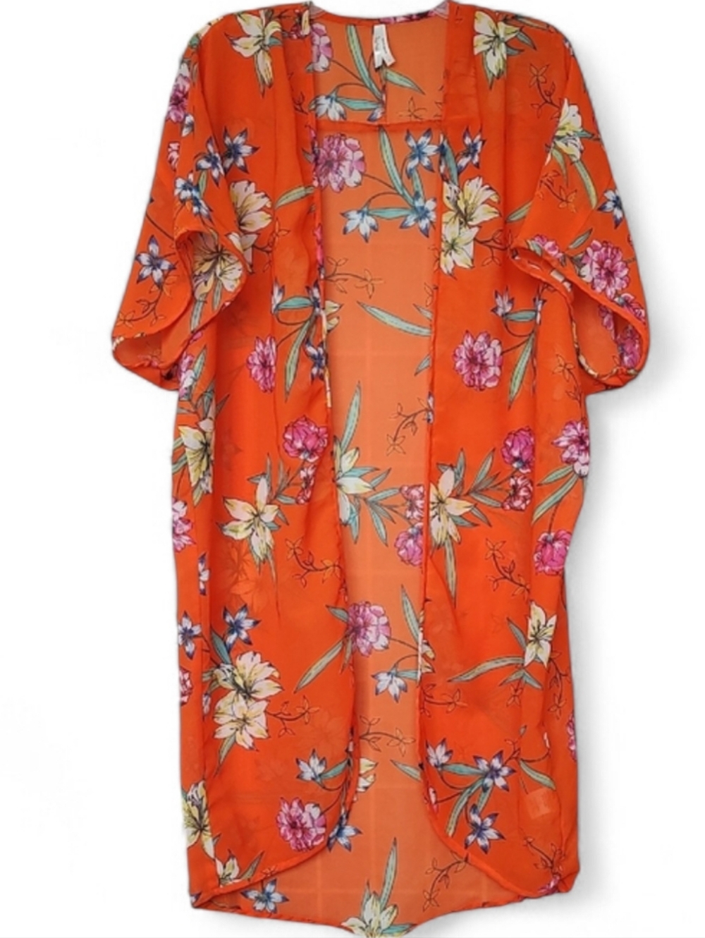 Orange Truth Sheer Tropical Floral Open Cardigan Kimono Sz Large